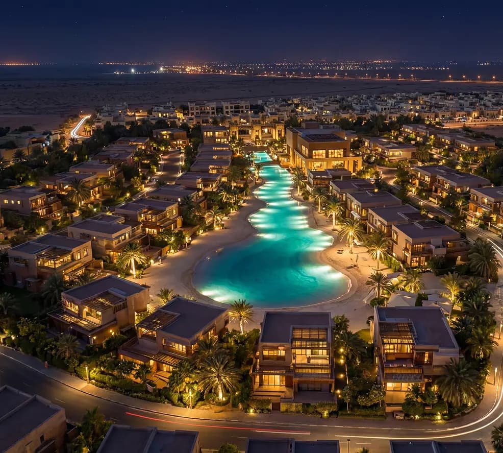 منظر جوي ليلي لمجمع سكني فاخر يضم بحيرة اصطناعية