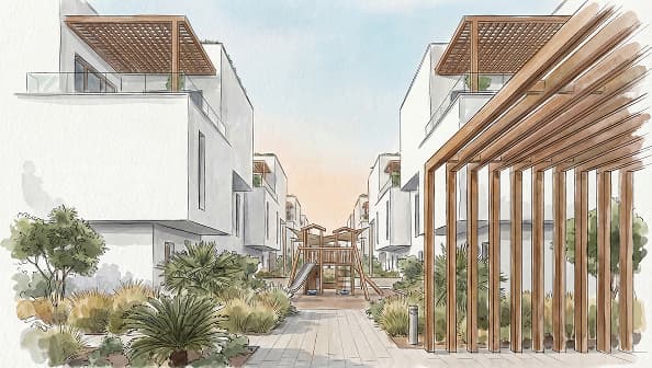 رسم توضيحي بألوان مائية لممشى سكني يضم منطقة لعب أطفال